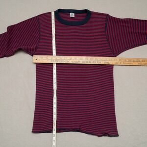 Vintage 70s Fashion Thermal Red Blue Striped Waffle Knit Contrast 2 Tone Shirt L